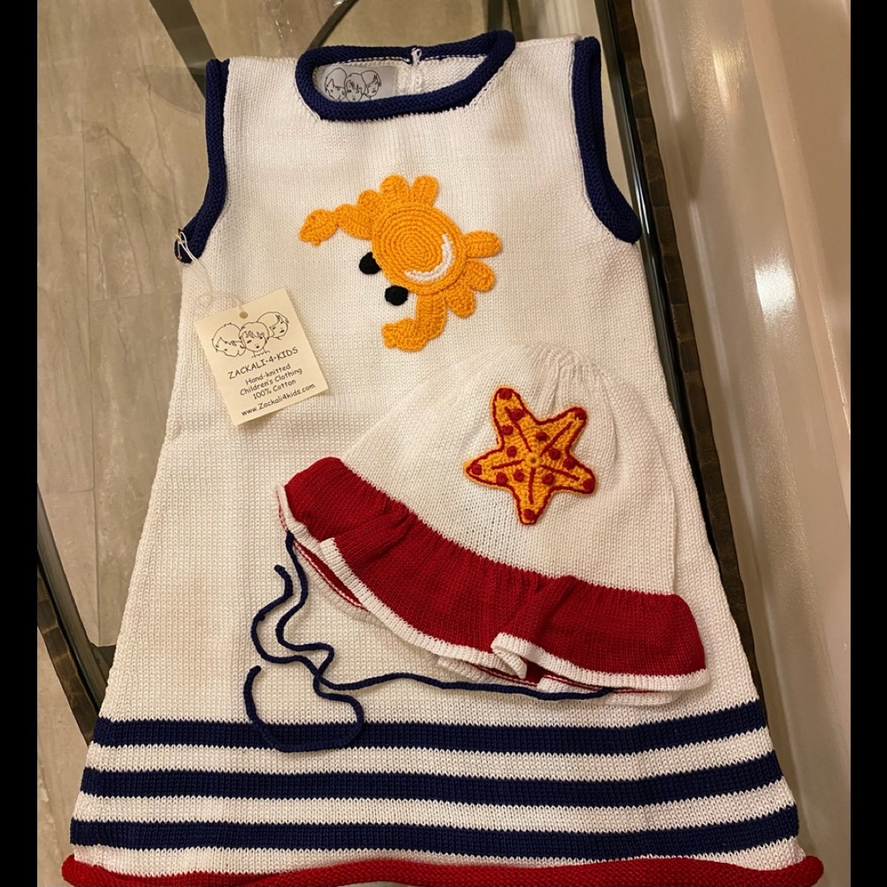 NWT *Zackali 4 Kids* CRAB & STARFISH Dress w/Hat Hand-Knitted 100% Cotton: 24M
